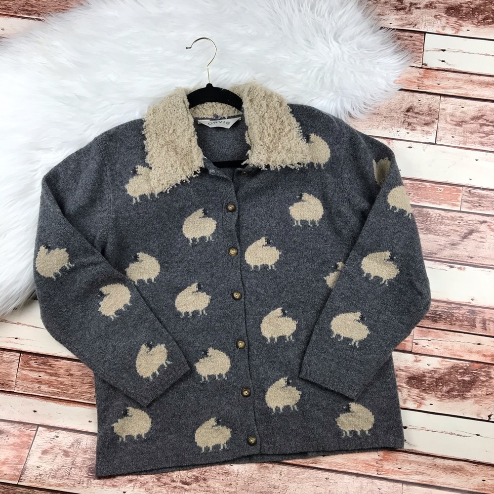 Orvis lambs wool cottagecore lamb print cardigan